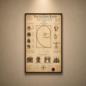 May include: A framed poster titled The Golden Ratio, Harmonic Proportion Archives, Florentine Geometric Institute, Plate 1. The beige print features a central golden spiral diagram, mathematical formulas, and various illustrations of nature, human anatomy, and architecture.