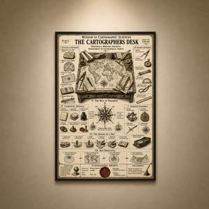 May include: A framed educational poster titled The Cartographers Desk, featuring a central illustration of a desk with a world map, surrounded by detailed diagrams, historical mapping archives, navigation instruments, and text in black ink on parchment.