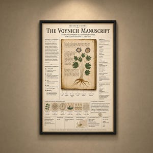 Peut inclure: Une affiche informative encadrée intitulée The Voynich Manuscript, présentant une illustration centrale d'une plante botanique avec racines, entourée de textes historiques, d'une chronologie et de caractéristiques physiques en anglais.