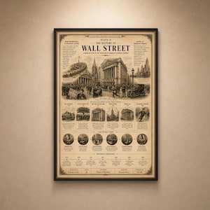 May include: A framed sepia-toned historical print titled The History of Wall Street. The poster features detailed illustrations of buildings, crowds, and vintage vehicles, accompanied by descriptive text, a timeline, and circular vignettes.