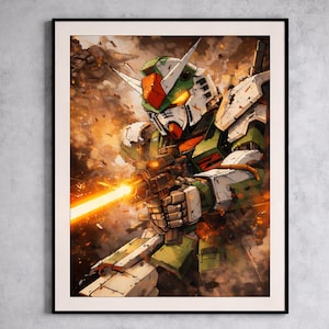 May include: Digital art print of a green, white, and orange mecha robot firing a weapon with a bright orange beam. The robot is set against a background of orange and brown explosions, framed in a black border.