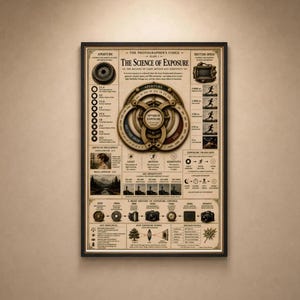 Op de afbeelding: Een rechthoekige educatieve poster getiteld The Science of Exposure, met een sepia-kleurige infographic over fotografie. Het toont diagrammen van diafragma, sluitertijd en ISO-instellingen, samen met illustraties van historische camera's en tekst.