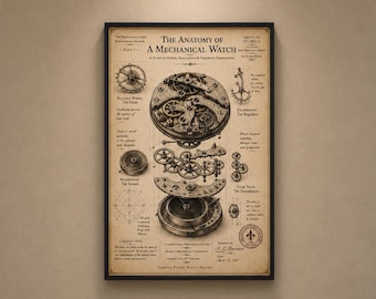 Op de afbeelding: Een ingelijste poster getiteld The Anatomy of a Mechanical Watch, met een gedetailleerd technisch diagram van horlogeonderdelen in zwarte inkt op een beige achtergrond. De print bevat labels voor het balanswiel en het echappement.