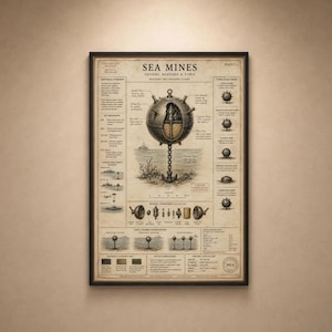 May include: A framed educational poster titled SEA MINES: HISTORY, ANATOMY & TYPES. The print features a central diagram of a spherical sea mine with a chain and anchor, surrounded by technical illustrations, cross-sections, and descriptive text.