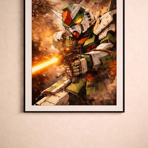 May include: Framed artwork featuring a detailed illustration of a mecha robot in action. The robot is primarily white, green, and red, with a weapon firing a bright orange beam. The background is filled with fiery, smoky effects, enhancing the dynamic scene.