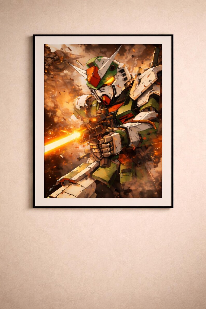 May include: Framed artwork featuring a detailed illustration of a mecha robot in action. The robot is primarily white, green, and red, with a weapon firing a bright orange beam. The background is filled with fiery, smoky effects, enhancing the dynamic scene.