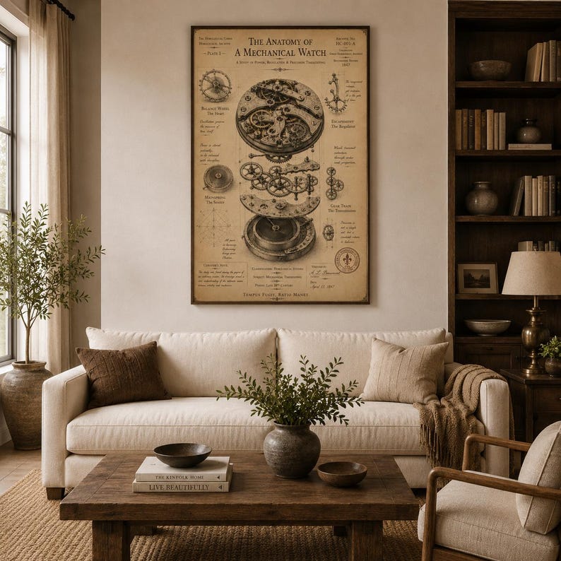 K&ouml;nnte beinhalten: Ein gerahmtes Wandposter im Vintage-Stil mit dem Titel The Anatomy of a Mechanical Watch, das detaillierte technische Illustrationen von Uhrwerk-Zahnr&auml;dern und Komponenten in schwarzer Tinte auf beigem Hintergrund &uuml;ber einem beigen Sofa zeigt.