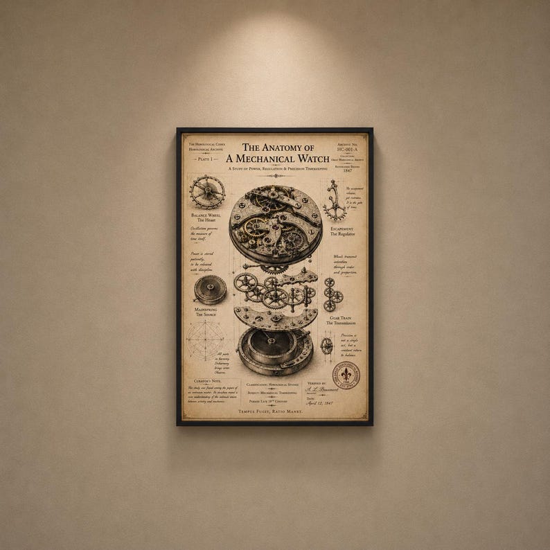 K&ouml;nnte beinhalten: Ein gerahmtes Poster mit dem Titel The Anatomy of a Mechanical Watch, das ein detailliertes technisches Diagramm von Uhrenkomponenten in schwarzer Tinte auf beigem Hintergrund zeigt. Der Druck enth&auml;lt Beschriftungen f&uuml;r Unruh und Hemmung.