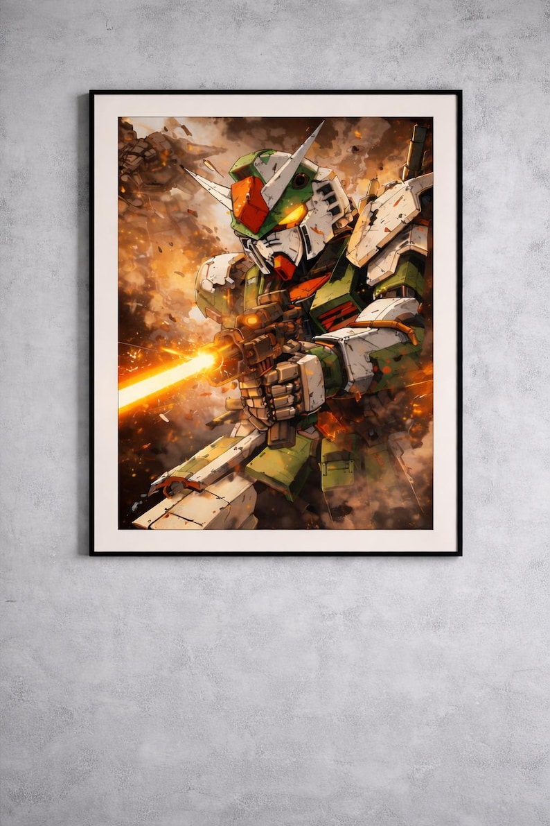 May include: Digital art print of a green, white, and orange mecha robot firing a weapon with a bright orange beam. The robot is set against a background of orange and brown explosions, framed in a black border.