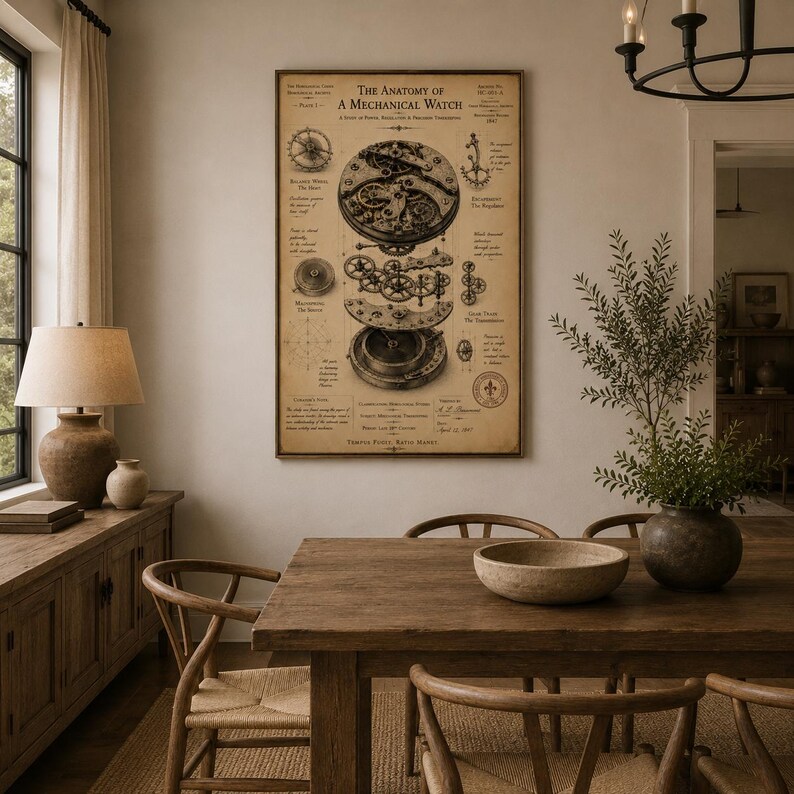 K&ouml;nnte beinhalten: Ein rechteckiges Wandposter mit dem Titel The Anatomy of a Mechanical Watch, das eine detaillierte technische Illustration von Uhrenkomponenten in einer Explosionszeichnung zeigt, mit beschreibenden Texten und Diagrammen auf antikem Papier.