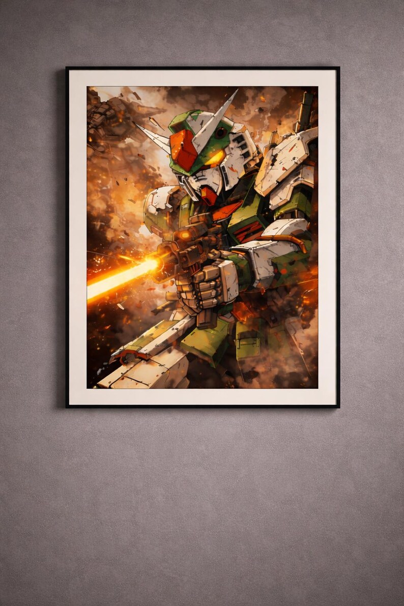 May include: Framed artwork featuring a detailed illustration of a green, white, and red robot firing a weapon with a bright orange beam. The robot is set against a backdrop of fiery explosions, creating a dynamic and action-packed scene.