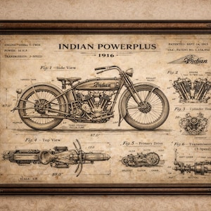 Könnte beinhalten: Gerahmter Vintage-Druck eines Indian Powerplus Motorrads von 1916. Der sepiafarbene Druck enthält detaillierte Diagramme und Spezifikationen, mit Maßen in Zentimetern. Der Druck zeigt die Seitenansicht, Draufsicht und Motorkomponenten des Motorrads.
