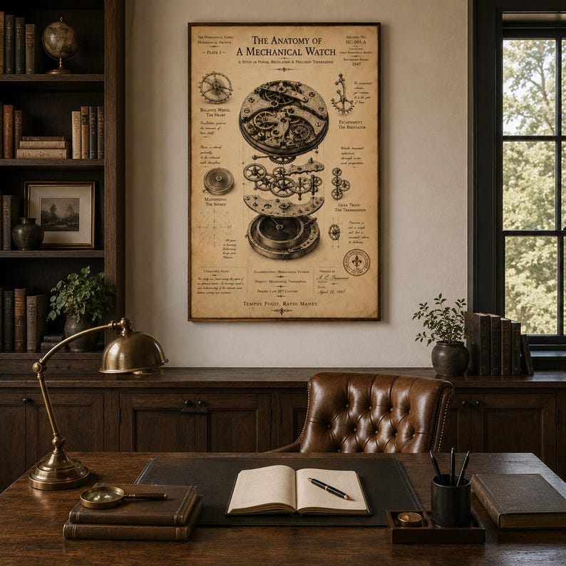K&ouml;nnte beinhalten: Ein Poster im Vintage-Stil mit dem Titel The Anatomy of a Mechanical Watch, das eine Explosionszeichnung von Uhrenkomponenten wie Unruh, Zugfeder und R&auml;derwerk zeigt, erg&auml;nzt durch technischen Text auf beigem Hintergrund.