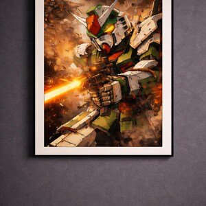 May include: A framed print of a detailed illustration of a green, white, and red robot firing a weapon. The robot is in a dynamic pose, with a bright orange beam emanating from the gun. The background is filled with smoky, orange and brown tones.