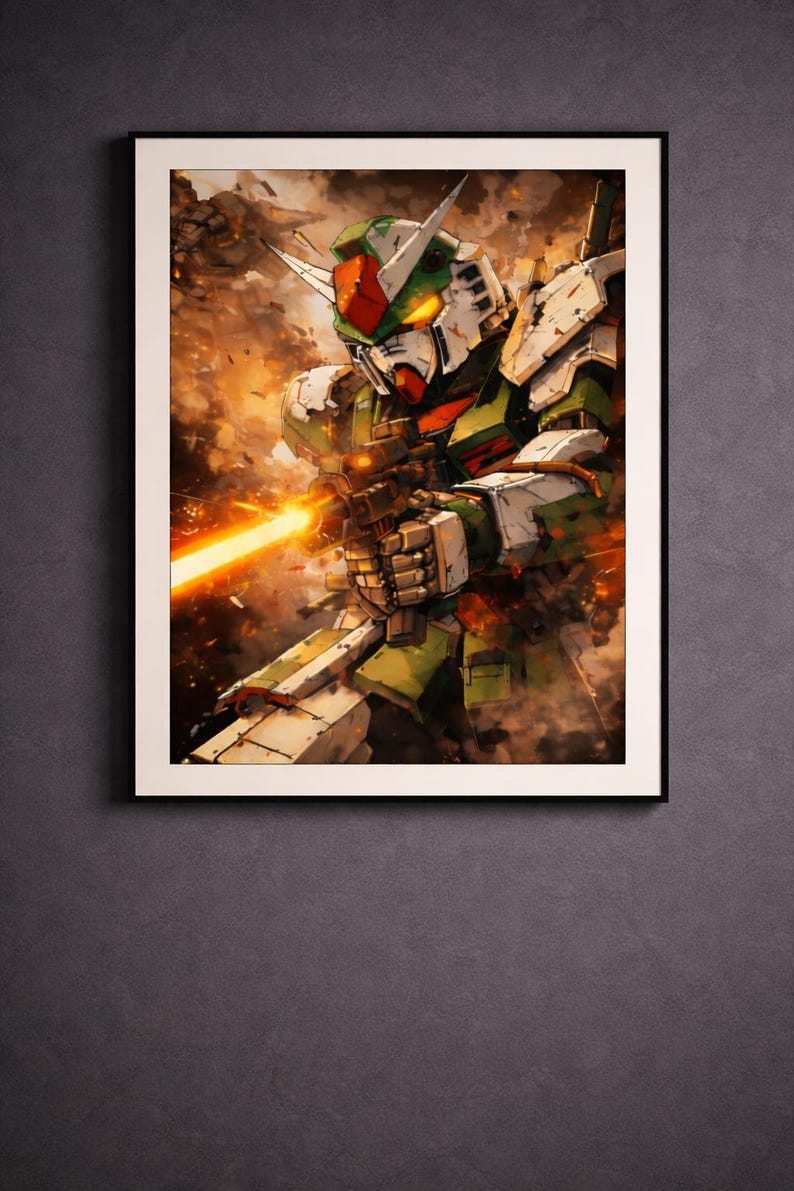 May include: A framed print of a detailed illustration of a green, white, and red robot firing a weapon. The robot is in a dynamic pose, with a bright orange beam emanating from the gun. The background is filled with smoky, orange and brown tones.
