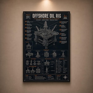 May include: Offshore Oil Rig blueprint poster. The poster features a detailed illustration of an offshore oil rig, with diagrams and text. The color scheme is dark blue and white, with a black frame. The text includes "Structural Engineering Blueprint" and "Extraction, Subsea Systems, Industrial Energy."