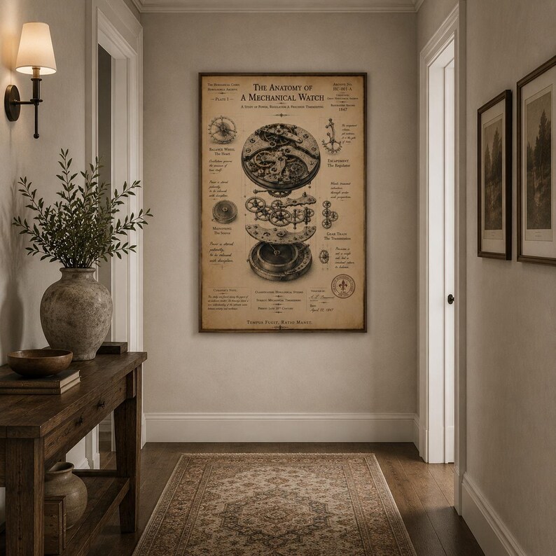 K&ouml;nnte beinhalten: Ein rechteckiges Wandposter mit dem Titel The Anatomy of a Mechanical Watch, das ein detailliertes technisches Diagramm von Uhrenkomponenten in schwarzer Tinte auf sepiafarbenem Hintergrund zeigt, inklusive verschiedener Zahnr&auml;der und Beschriftungen.