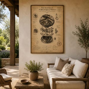 K&ouml;nnte beinhalten: Ein rechteckiges Wandposter mit dem Titel The Anatomy of a Mechanical Watch, das eine detaillierte technische Illustration von Uhrenkomponenten in schwarzer Tinte auf sepiafarbenem Hintergrund zeigt, mit beschreibenden Texten und Diagrammen um das zentrale Getriebe.