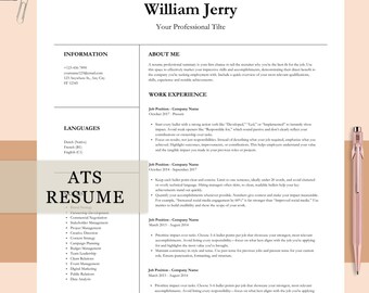 Plantilla de currículum vitae de 2 columnas compatible con ATS, plantillas de CV profesionales y editables y carta de presentación, currículum vitae de 1 a 2 páginas + tarjeta de presentación y referencias
