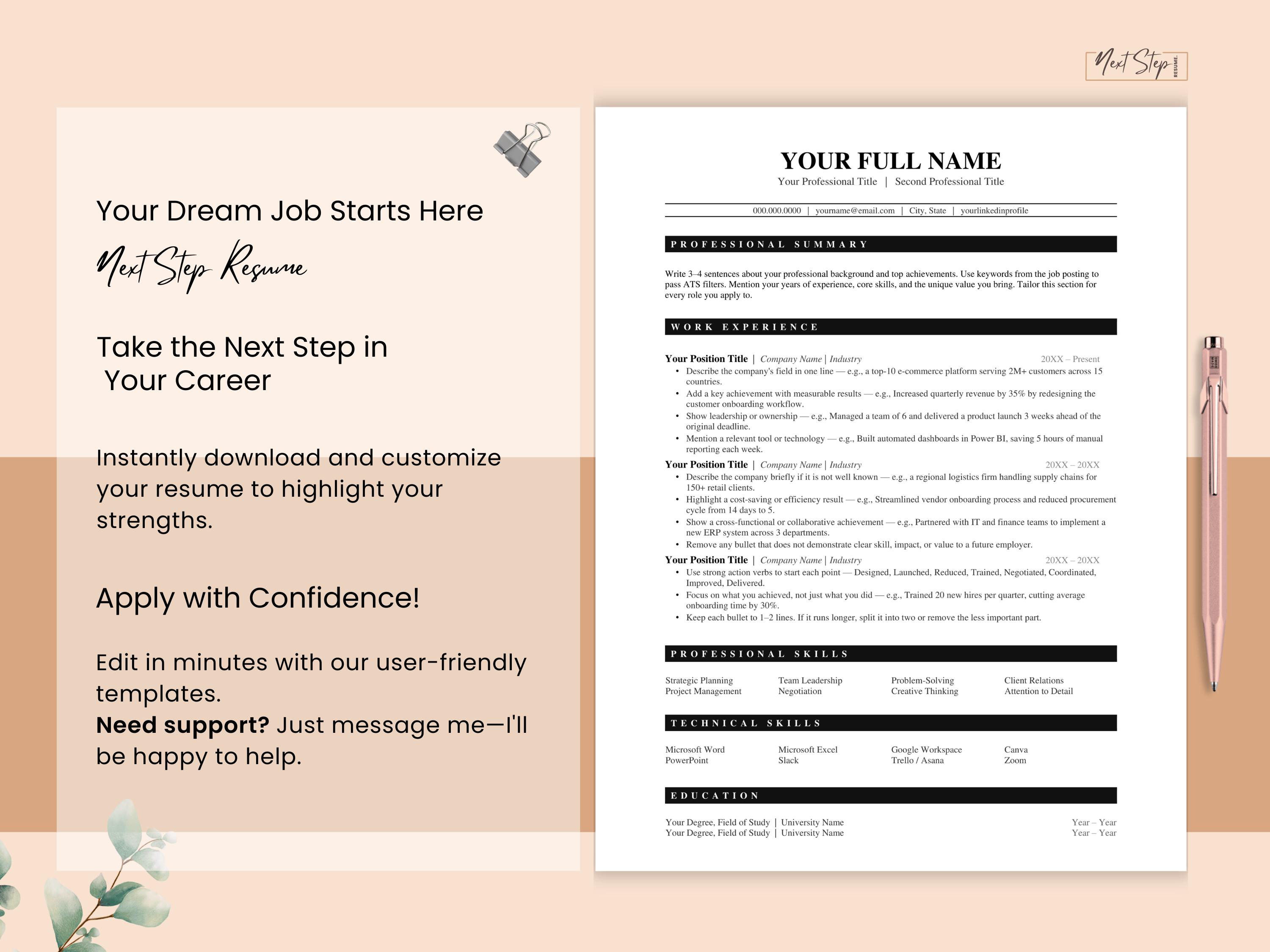 ATS Friendly Resume Template for Microsoft Word and Google Docs, Cover ...