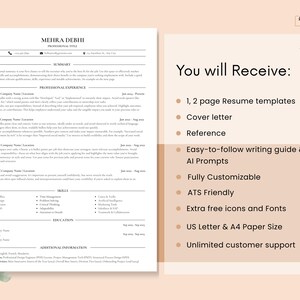 May include: A resume template with the name MEHRA DEBHI at the top. The resume includes sections for summary, professional experience, skills, and education. The right side of the image says "You will Receive:" and lists resume templates, cover letter, reference, writing guide, and more.