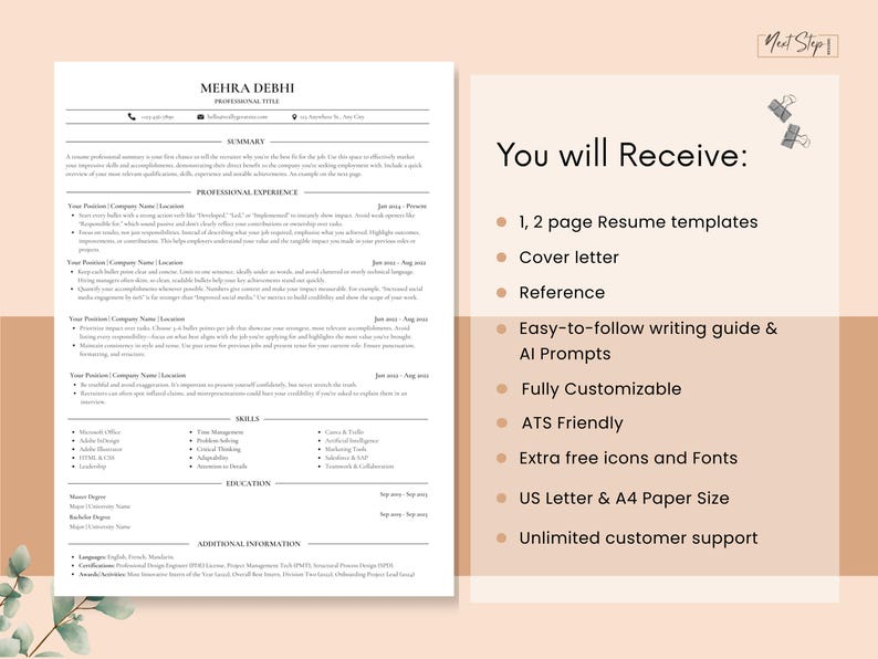 May include: A resume template with the name MEHRA DEBHI at the top. The resume includes sections for summary, professional experience, skills, and education. The right side of the image says "You will Receive:" and lists resume templates, cover letter, reference, writing guide, and more.