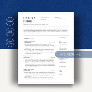 Könnte beinhalten: Eine weiße Lebenslaufvorlage mit schwarzem Text, die den Namen Hamira Debhi, Kontaktdaten, berufliche Zusammenfassung, Berufserfahrung, Ausbildung und Fähigkeiten enthält. Das Dokument hat ein blaues Banner mit ATS RESUME.