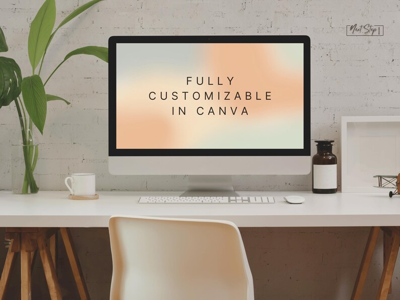 May include: A desktop computer with the words "FULLY CUSTOMIZABLE IN CANVA" on the screen. The computer sits on a white desk with a white chair, a coffee cup, and a decorative bottle.
