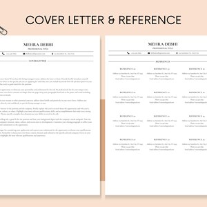 May include: A professional resume template with a cover letter and reference page. The cover letter includes the name "Mehra Debhi" and contact information. The reference page has multiple sections for references, with fields for name, address, phone, and email.