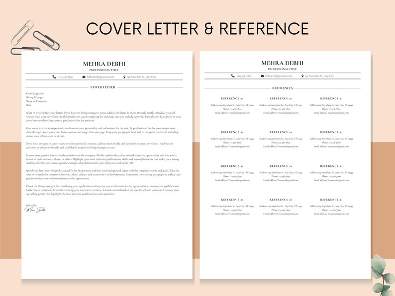 May include: A professional resume template with a cover letter and reference page. The cover letter includes the name "Mehra Debhi" and contact information. The reference page has multiple sections for references, with fields for name, address, phone, and email.