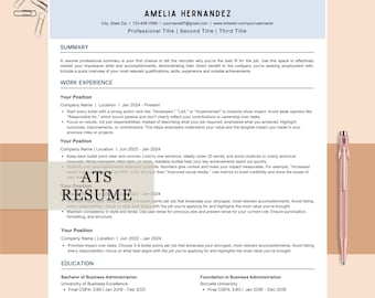 Plantilla de currículum ATS para ejecutivos, 1, +2 páginas. Plantillas de CV editables compatibles con ATS para Canva con carta de presentación. Currículum profesional compatible con ATS 2026.