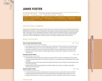Plantilla de currículum para profesores, compatible con Google Docs y Word, compatible con sistemas ATS, incluye carta de presentación.