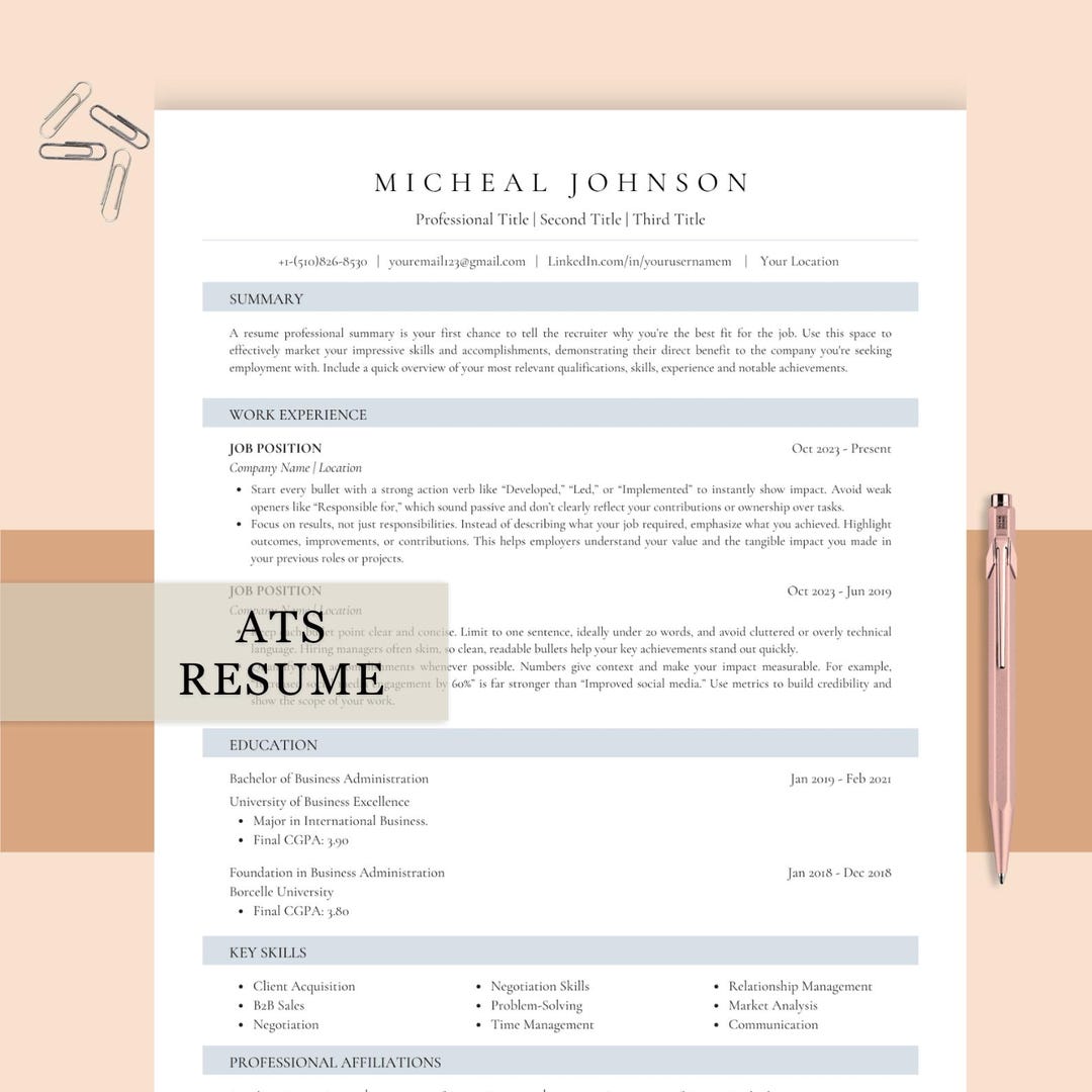 ATS Resume Template | Professional, Editable, 1, +2 Page ATS Friendly ...
