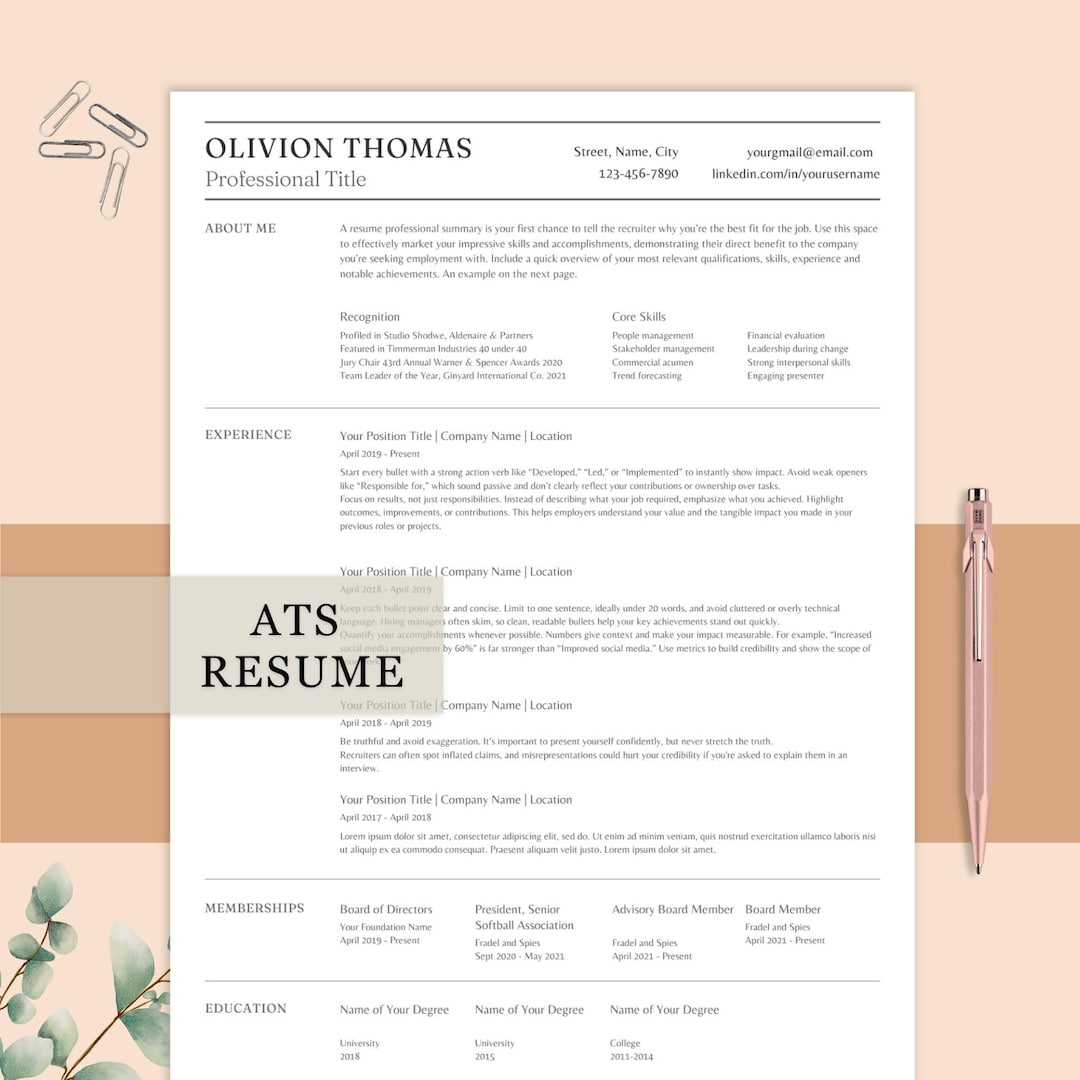 Professional ATS Friendly Resume Template for Job Applications CV Cover ...