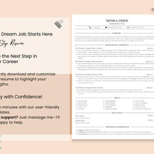 May include: A resume template with the text "Your Dream Job Starts Here" and "Next Step Resume." The resume is on a light peach background with a pink pen. The text encourages users to download and customize their resume.