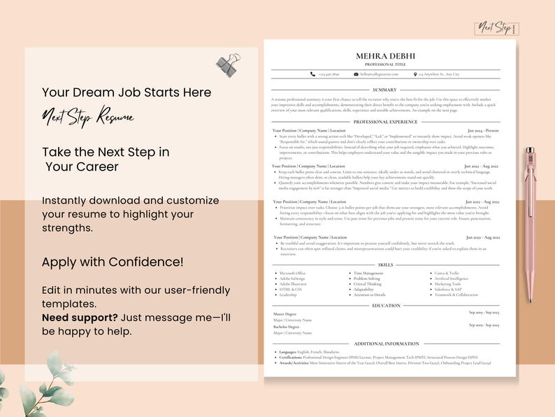 May include: A resume template with the text "Your Dream Job Starts Here" and "Next Step Resume." The resume is on a light peach background with a pink pen. The text encourages users to download and customize their resume.