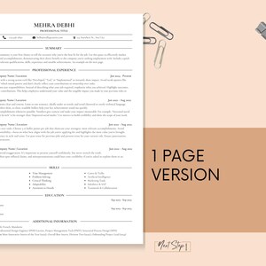 May include: A resume template with the text "MEHRA DEBHI" and "1 PAGE VERSION" on a beige background. The resume includes sections for summary, professional experience, skills, and education. Paper clips and a binder clip are scattered around the resume.