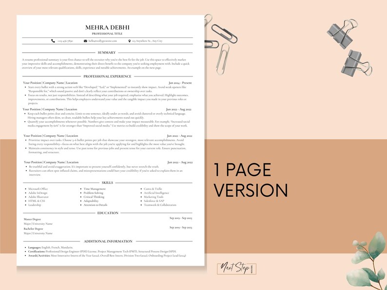 May include: A resume template with the text "MEHRA DEBHI" and "1 PAGE VERSION" on a beige background. The resume includes sections for summary, professional experience, skills, and education. Paper clips and a binder clip are scattered around the resume.