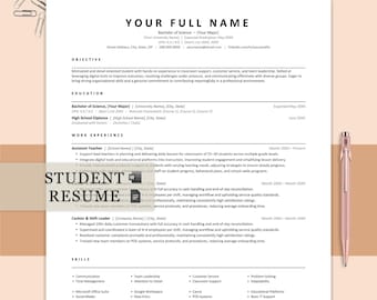 Plantilla de currículum estudiantil, CV académico universitario, prácticas, sin experiencia (Word, Docs, carta de presentación)
