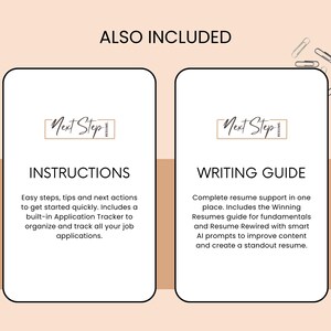 May include: Two white rectangular cards with rounded corners, featuring the text "INSTRUCTIONS" and "WRITING GUIDE". The cards are set against a light brown background with the words "ALSO INCLUDED" at the top. The instructions card includes a built-in application tracker.