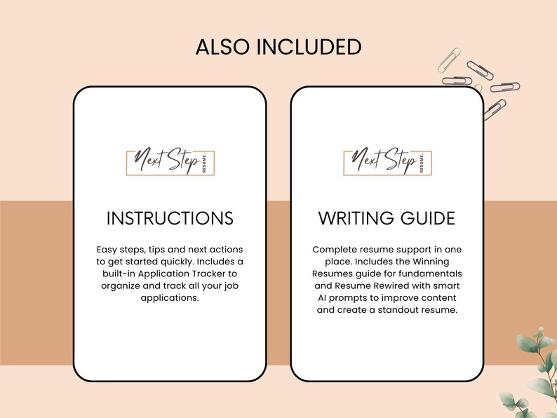 May include: Two white rectangular cards with rounded corners, featuring the text "INSTRUCTIONS" and "WRITING GUIDE". The cards are set against a light brown background with the words "ALSO INCLUDED" at the top. The instructions card includes a built-in application tracker.