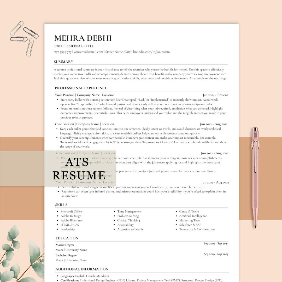 ATS Friendly Resume Template, Ats Resume, ATS CV, Minimalist Resume ...