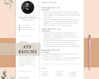 Plantilla de CV compatible con ATS, plantilla de CV profesional, CV básico y simple con foto, editable, carta de presentación y referencias incluidas.