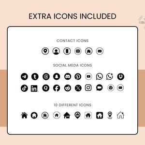 May include: A digital graphic with the text "EXTRA ICONS INCLUDED" at the top. The image displays various black and white social media and contact icons, including location, phone, and email symbols. The bottom section shows 10 different home icons.