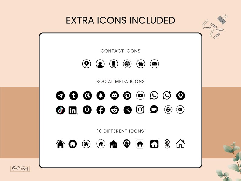 May include: A digital graphic with the text "EXTRA ICONS INCLUDED" at the top. The image displays various black and white social media and contact icons, including location, phone, and email symbols. The bottom section shows 10 different home icons.