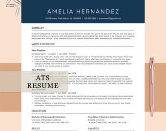 Plantilla de currículum vitae compatible con ATS en Canva, plantillas de CV de 1 y 2 páginas con carta de presentación y tarjeta de visita, currículum vitae profesional y editable.
