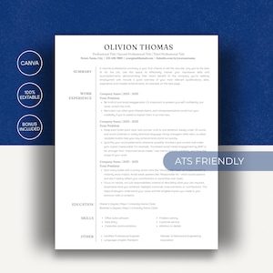 Puede incluir: Una plantilla de currículum profesional con el nombre OLIVION THOMAS en la parte superior, con secciones para resumen, experiencia laboral, educación, habilidades y otros. El documento incluye etiquetas de texto como CANVA, 100% EDITABLE y ATS FRIENDLY.
