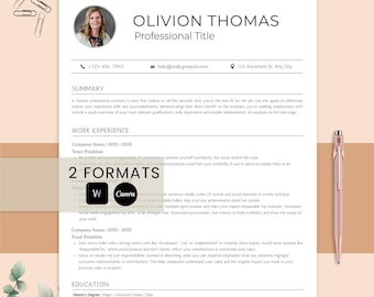 Plantilla de CV ATS (Word, Canva, plantilla de CV profesional, CV básico y simple con foto, editable, carta de presentación y referencias incluidas)