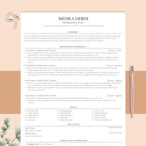 May include: A professional resume on white paper with the name "Mehra Debhi" at the top. The resume includes sections for summary, professional experience, skills, education, and additional information. A rose gold pen rests on the right side.