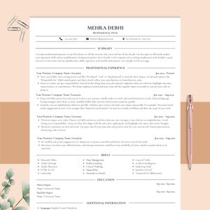 May include: A resume template with the name "MEHRA DEBHI" at the top, featuring sections for professional experience, skills, and education. A rose gold pen rests on the right side of the document, with a few paper clips at the top left.